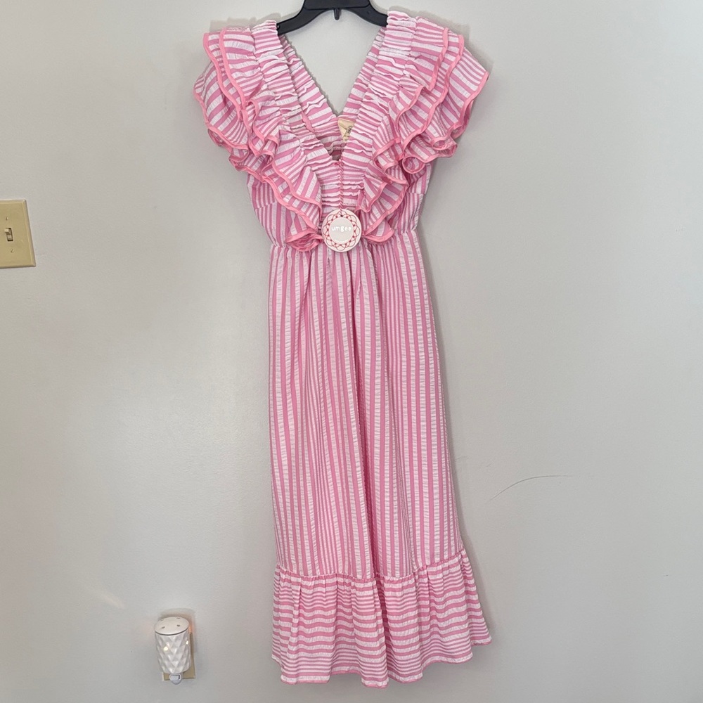 Umgee Pink and White Striped Midi Dress